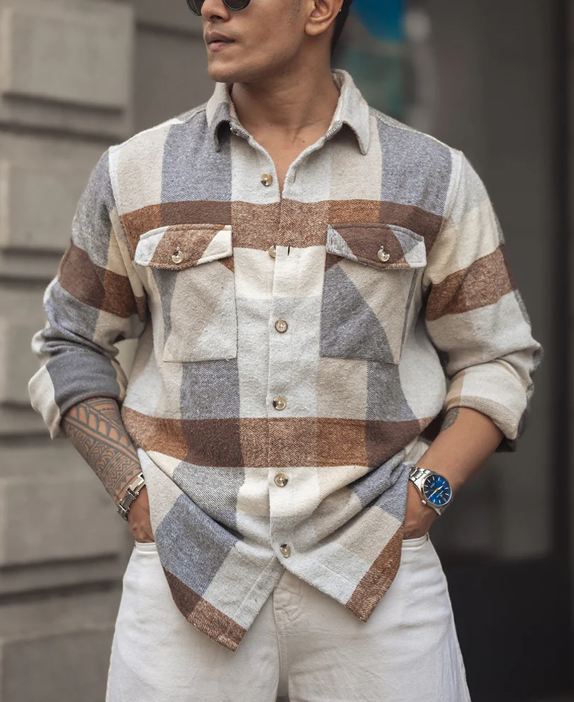 Beige Regular Fit Full Sleeve Shirt With Double Flap Pocket - Image 4