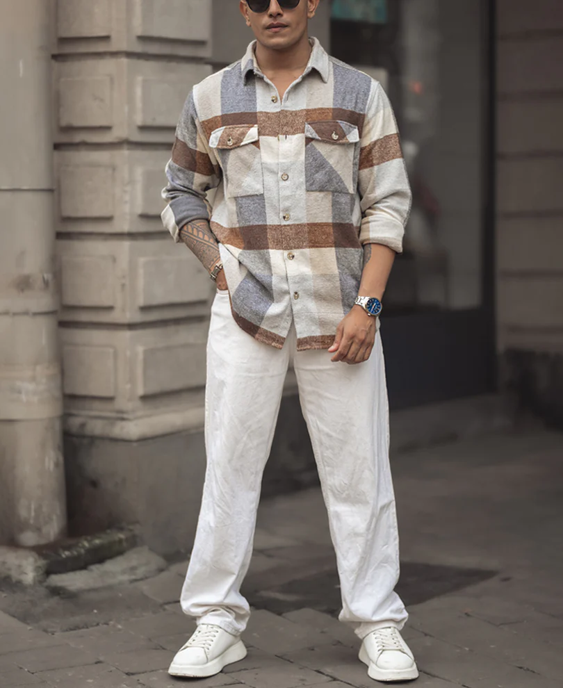 Beige Regular Fit Full Sleeve Shirt With Double Flap Pocket - Image 6