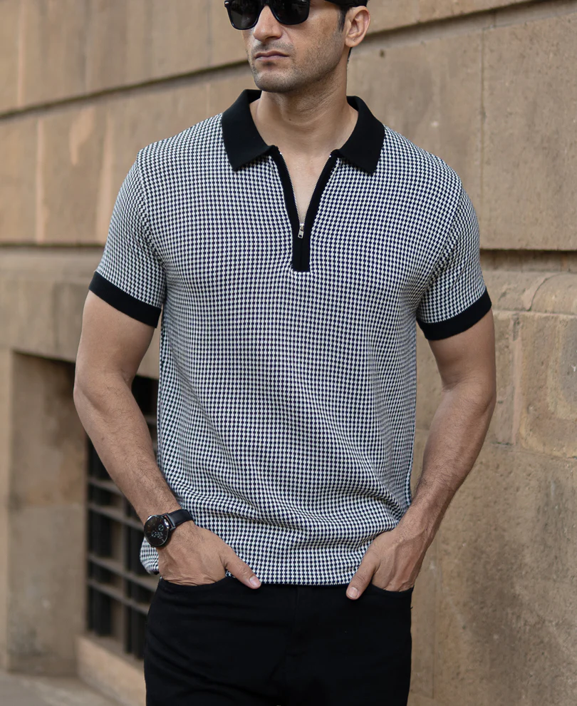 Black And White Knit Polo T-Shirt - Image 3