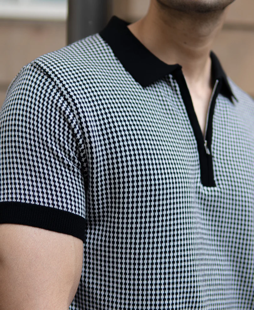 Black And White Knit Polo T-Shirt - Image 4