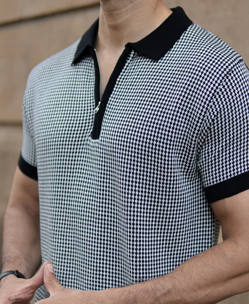 Black And White Knit Polo T-Shirt - Image 5
