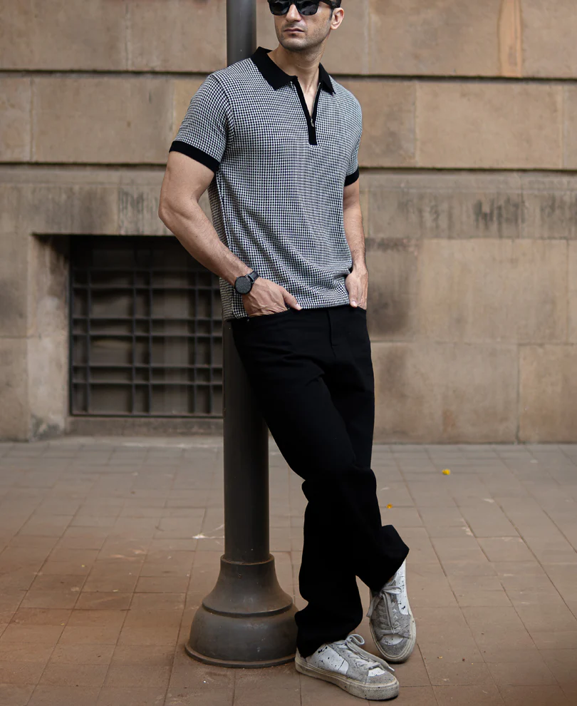 Black And White Knit Polo T-Shirt - Image 7