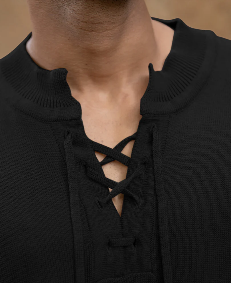 Black Knitted Henley Full Sleeves T-Shirt - Image 4