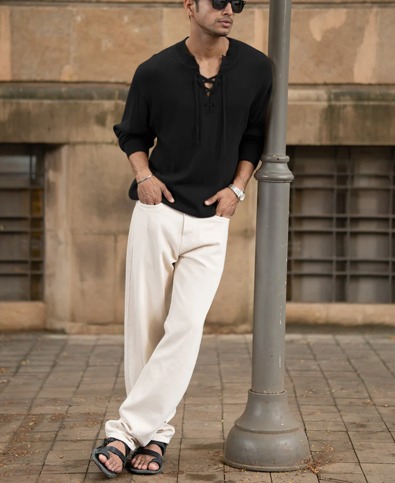 Black Knitted Henley Full Sleeves T-Shirt - Image 6