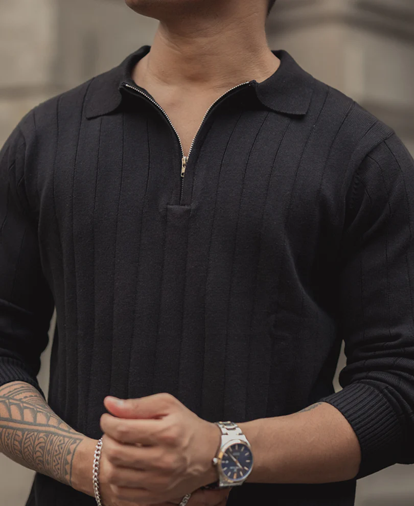 Black Knitted Regular Fit Full Sleeves T Shirt - Image 4