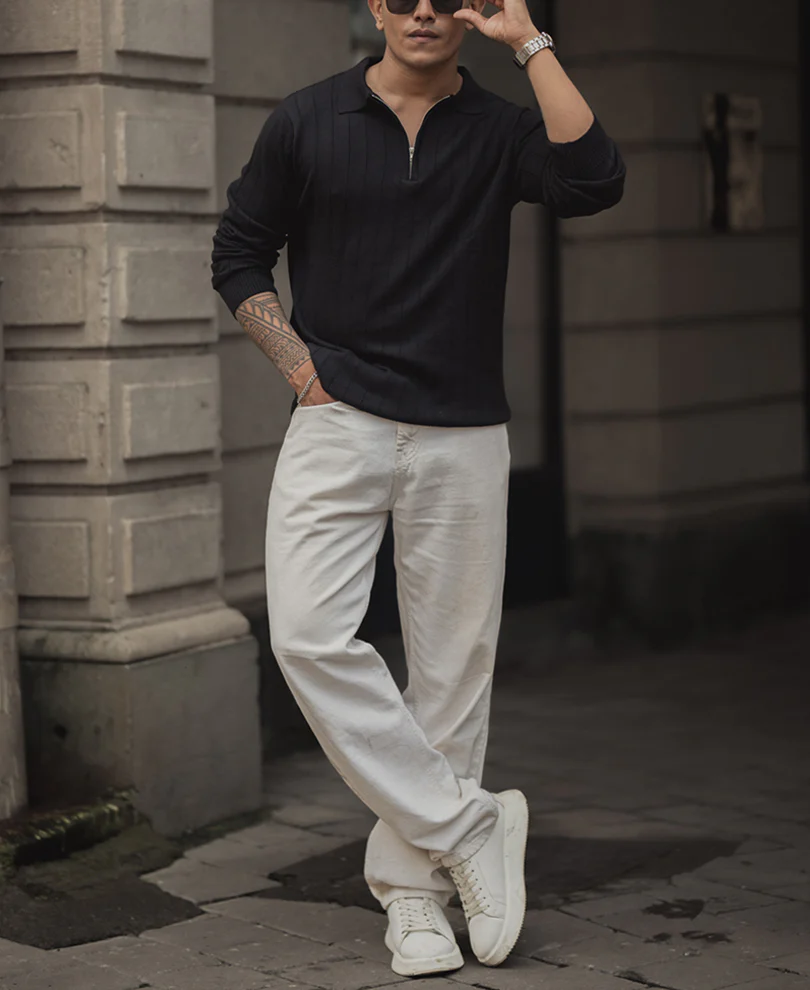 Black Knitted Regular Fit Full Sleeves T Shirt - Image 5