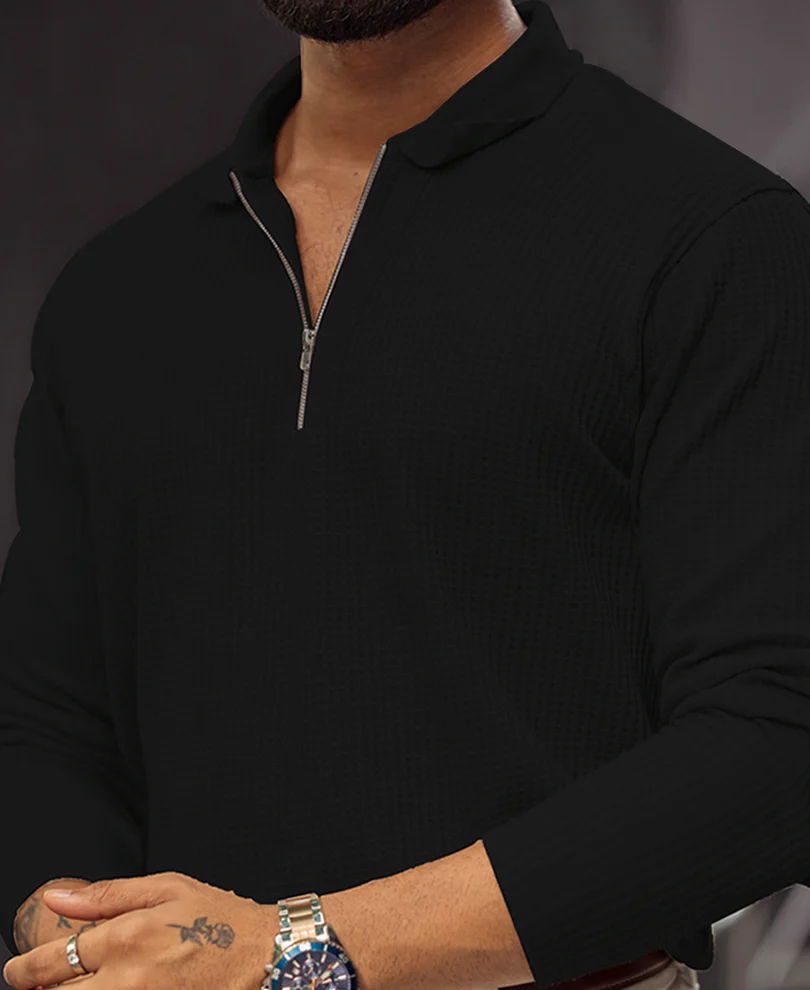 Black Regular Fit Full Sleeves Collar Neck T-Shirt With Chain - Image 3