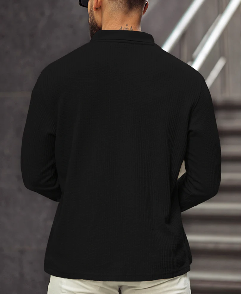 Black Regular Fit Full Sleeves Collar Neck T-Shirt With Chain - Image 4