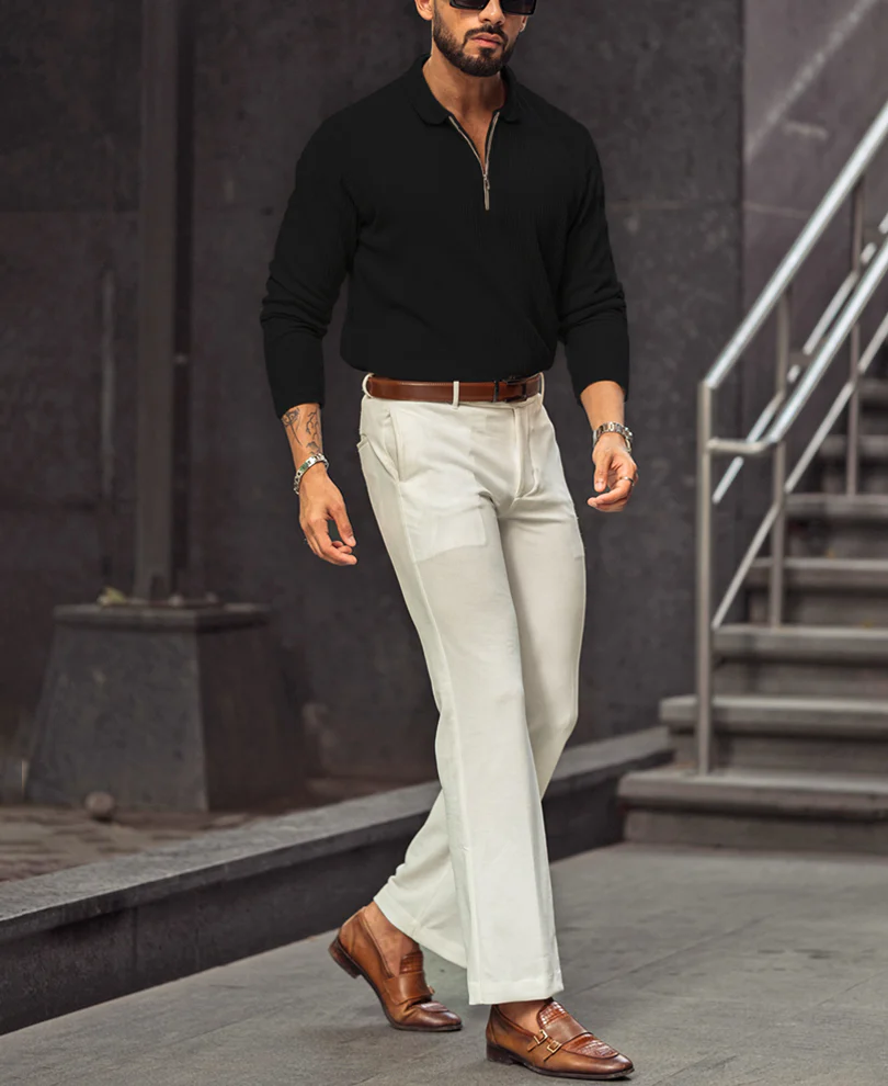 Black Regular Fit Full Sleeves Collar Neck T-Shirt With Chain - Image 5