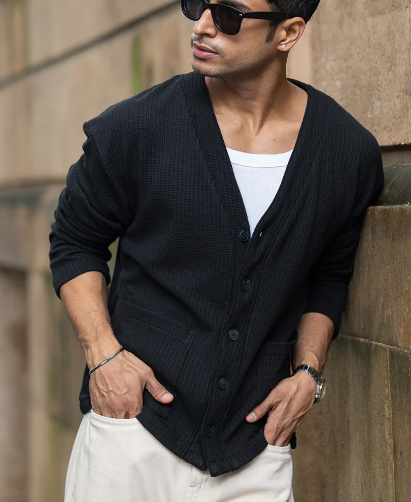 Black Structured Knit Cardigan - Image 3