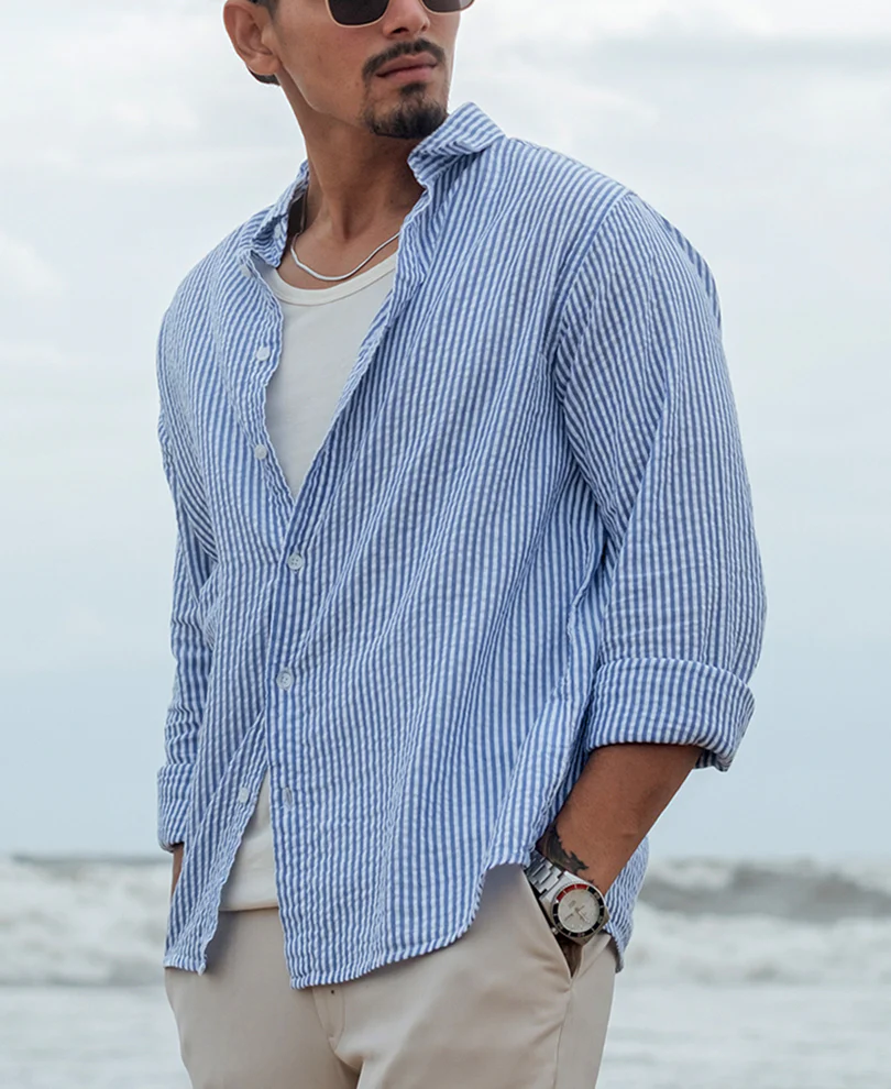 Blue and White Regular fit Striped Full Sleeves Shirt - Image 3