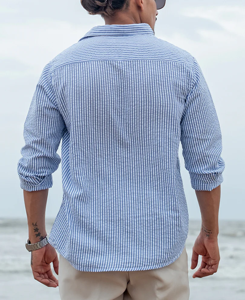 Blue and White Regular fit Striped Full Sleeves Shirt - Image 4