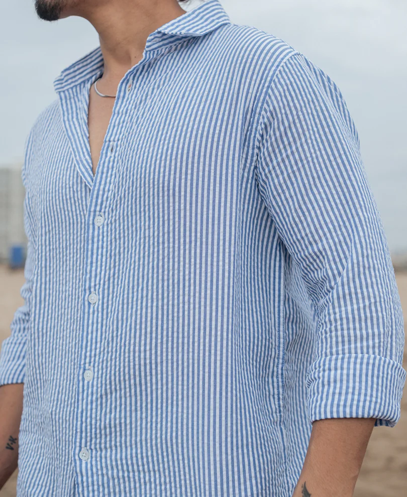 Blue and White Regular fit Striped Full Sleeves Shirt - Image 5