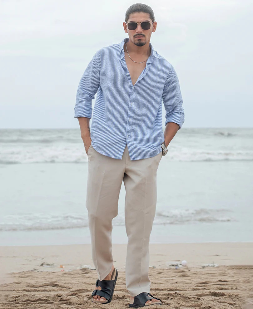 Blue and White Regular fit Striped Full Sleeves Shirt - Image 6