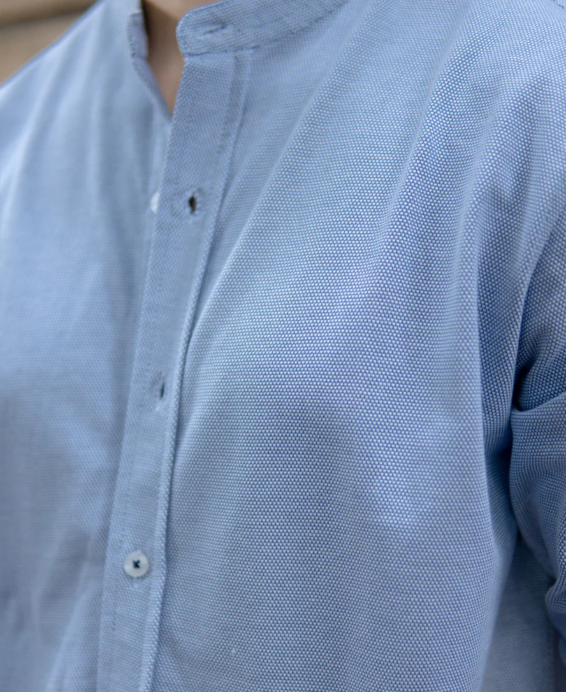 Blue Knitted Mandarin Collar Shirt - Image 3