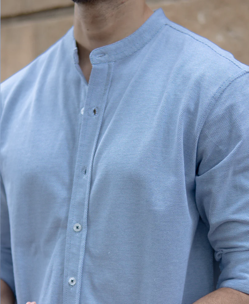 Blue Knitted Mandarin Collar Shirt - Image 4