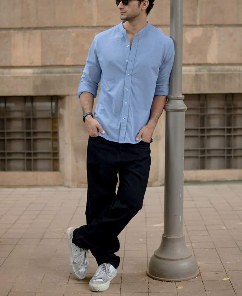 Blue Knitted Mandarin Collar Shirt - Image 6