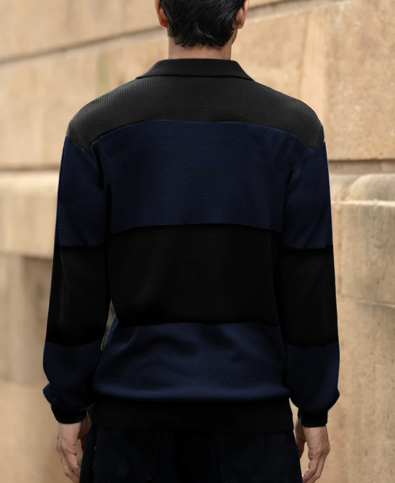 Blue Structured Knit Striped T-Shirt - Image 4