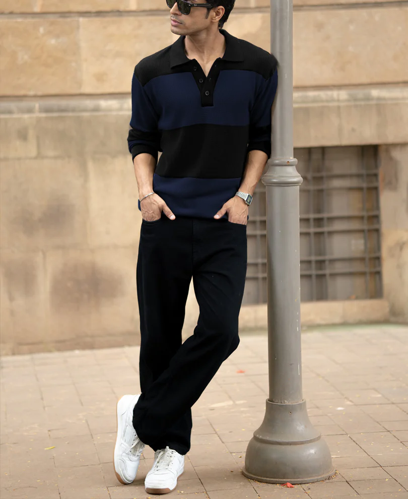 Blue Structured Knit Striped T-Shirt - Image 5