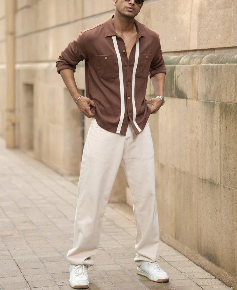 Brown Tape Detail Shirt - Image 6