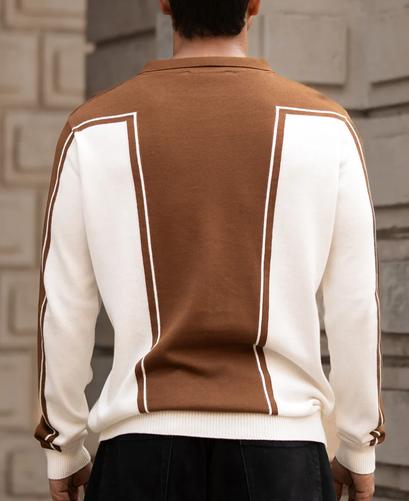 Brown-White Colour Blocked Polo T-Shirt - Image 3
