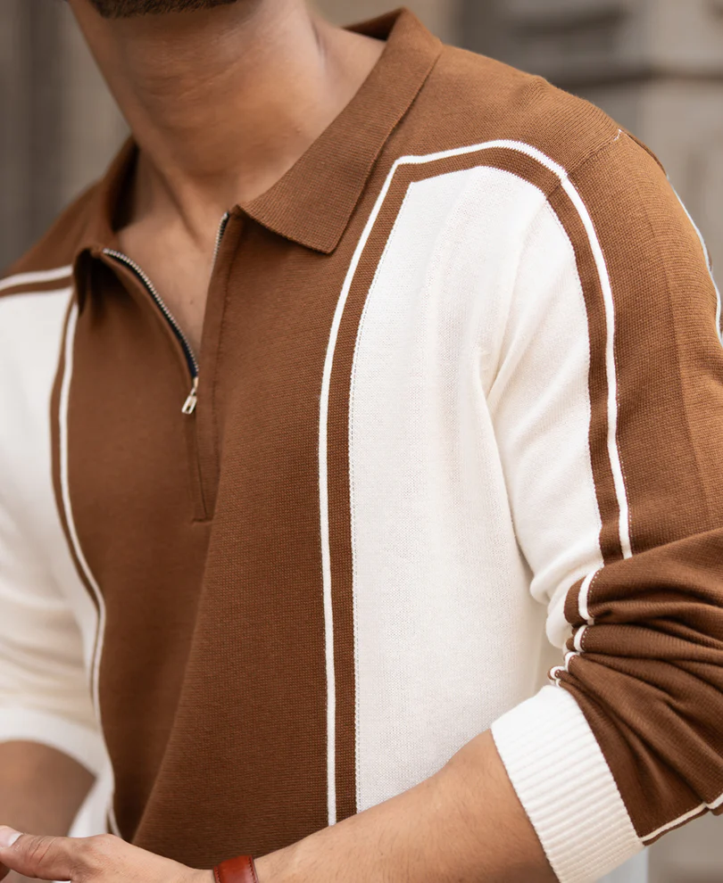 Brown-White Colour Blocked Polo T-Shirt - Image 4