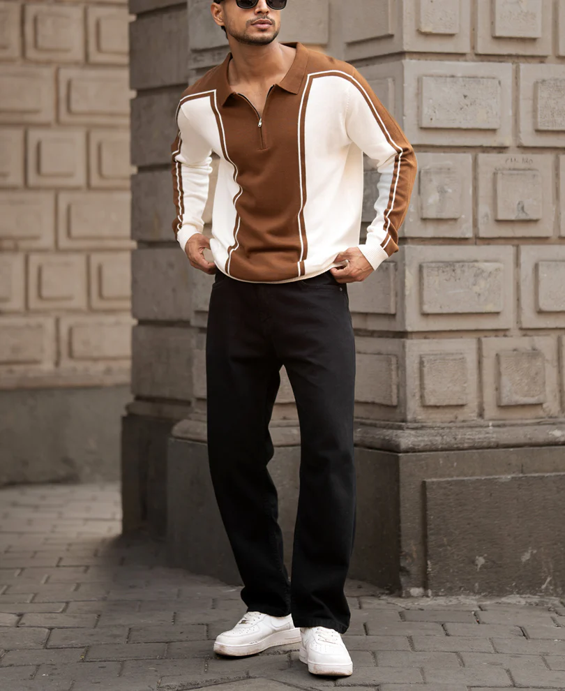Brown-White Colour Blocked Polo T-Shirt - Image 5