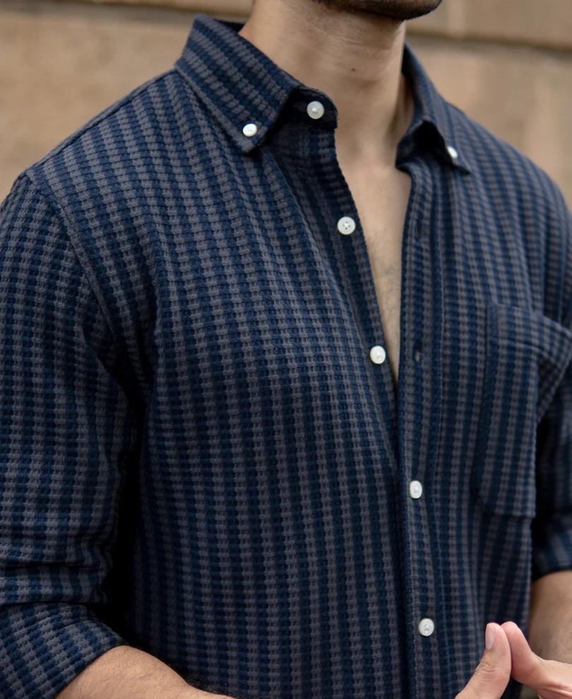 Grey Knit Structured Stripe Shirt - Image 3