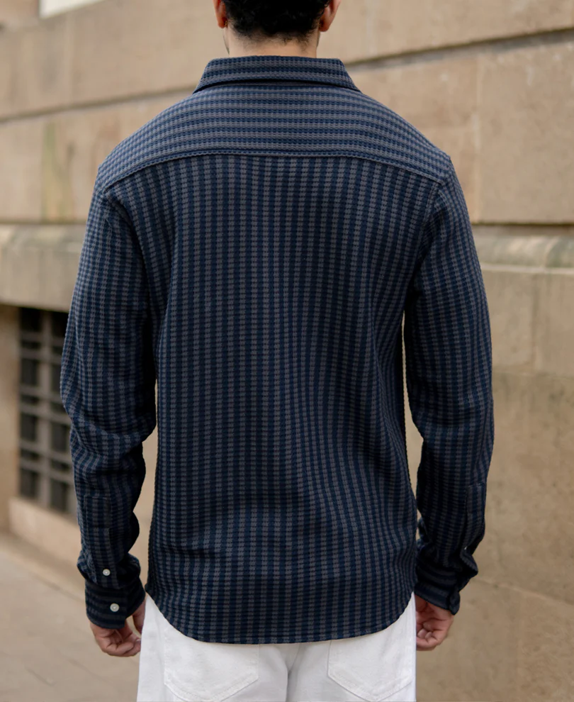 Grey Knit Structured Stripe Shirt - Image 5