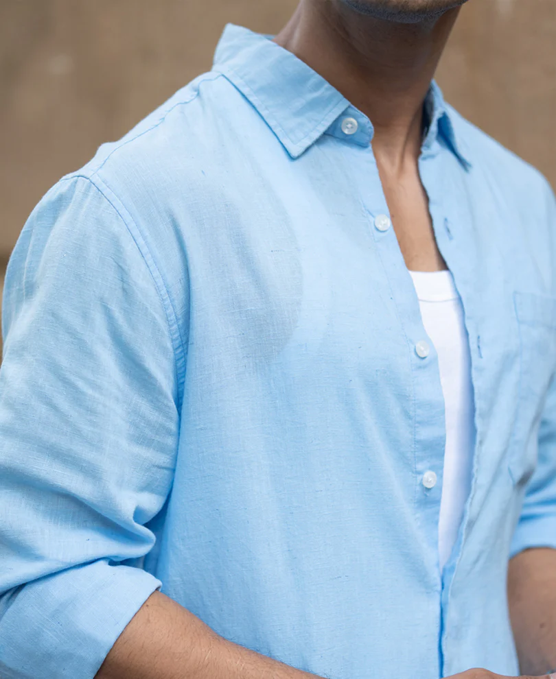 Light Blue Linen Blend Regular Fit Shirt - Image 3