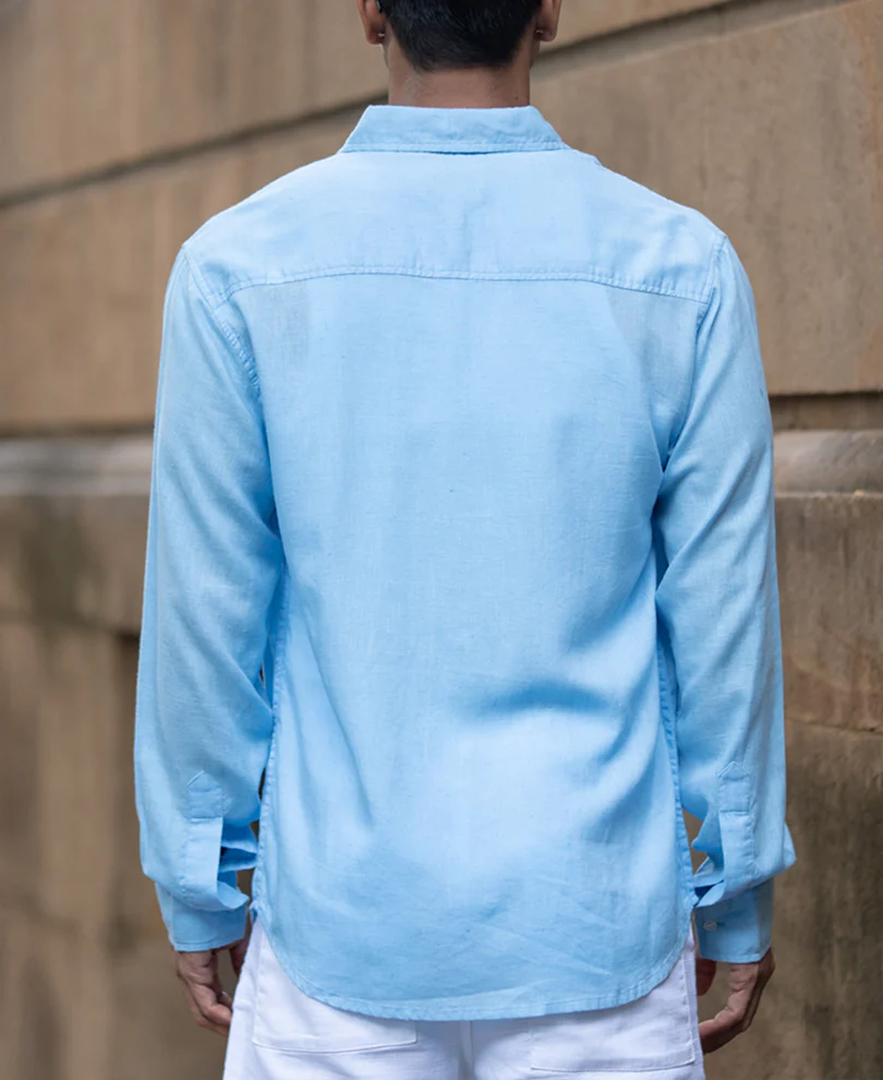 Light Blue Linen Blend Regular Fit Shirt - Image 5