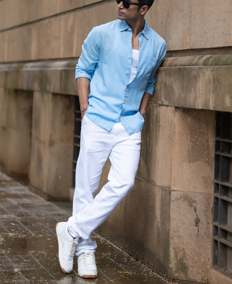 Light Blue Linen Blend Regular Fit Shirt - Image 6
