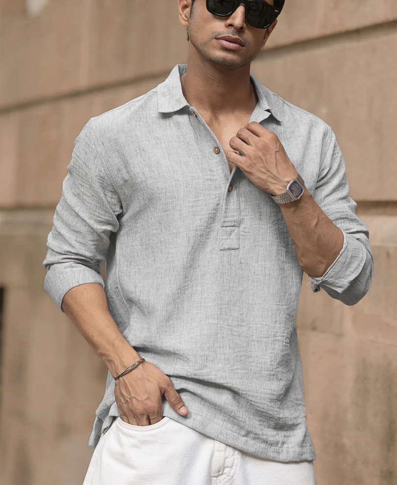 Light Grey Slub Kurta Shirt - Image 3