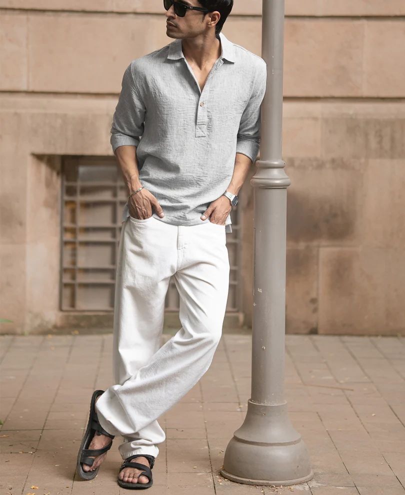 Light Grey Slub Kurta Shirt - Image 6
