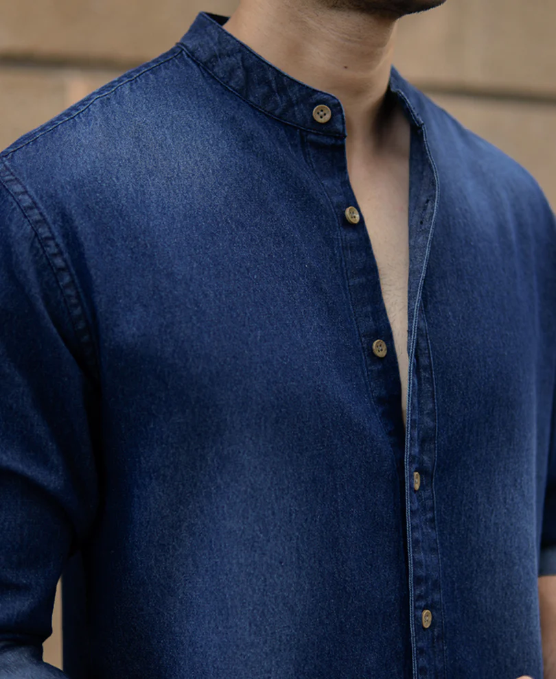 Mandarin Collar Denim Shirt - Image 3
