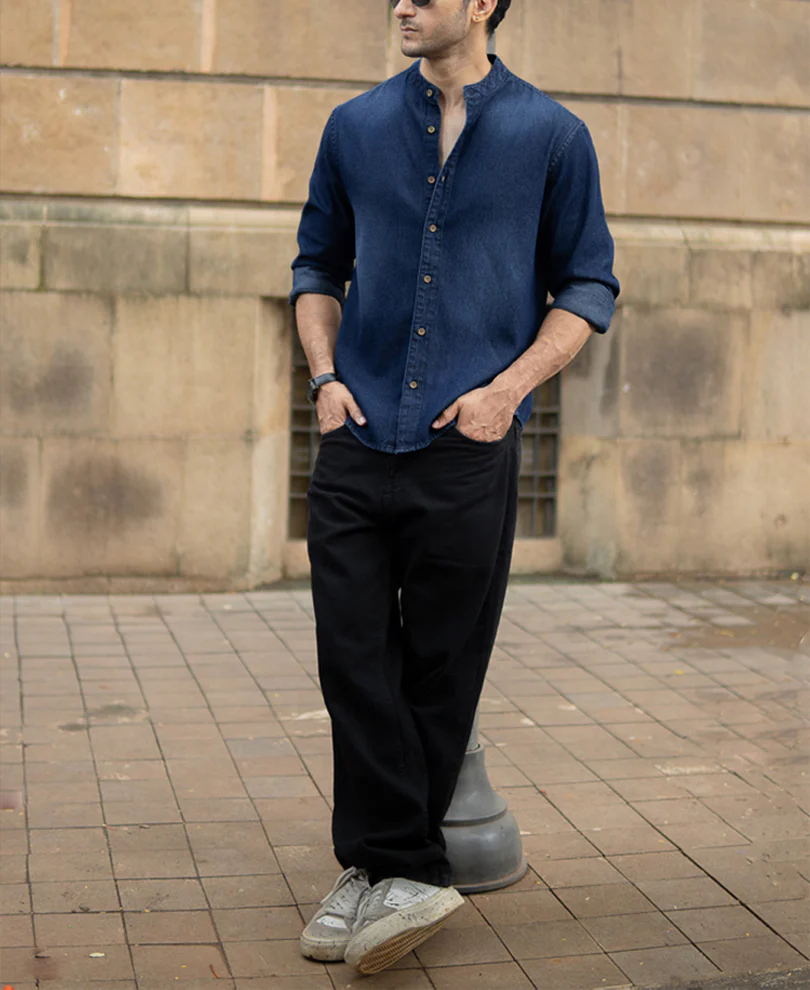 Mandarin Collar Denim Shirt - Image 6