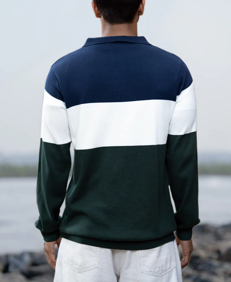Navy And Green Panelled Polo T-Shirt - Image 4