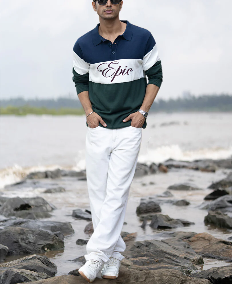 Navy And Green Panelled Polo T-Shirt - Image 5