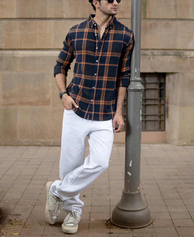 Navy Brushed Checks Shirt - Image 6