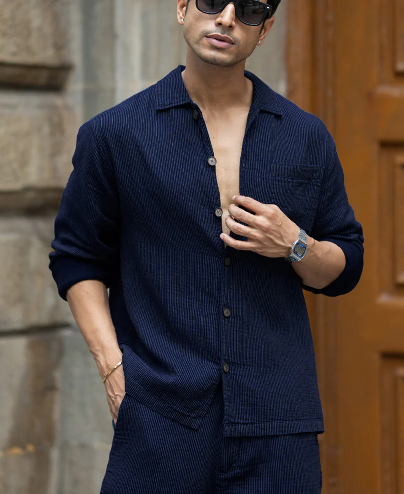 Navy Double Cloth Stripe Co-Ord Set - Image 3