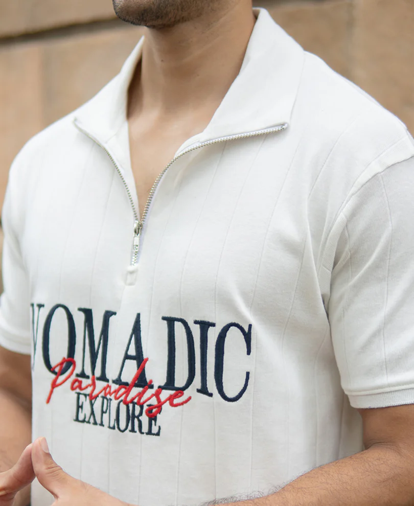 Off White Embroidered Zipper Polo T-Shirt - Image 4