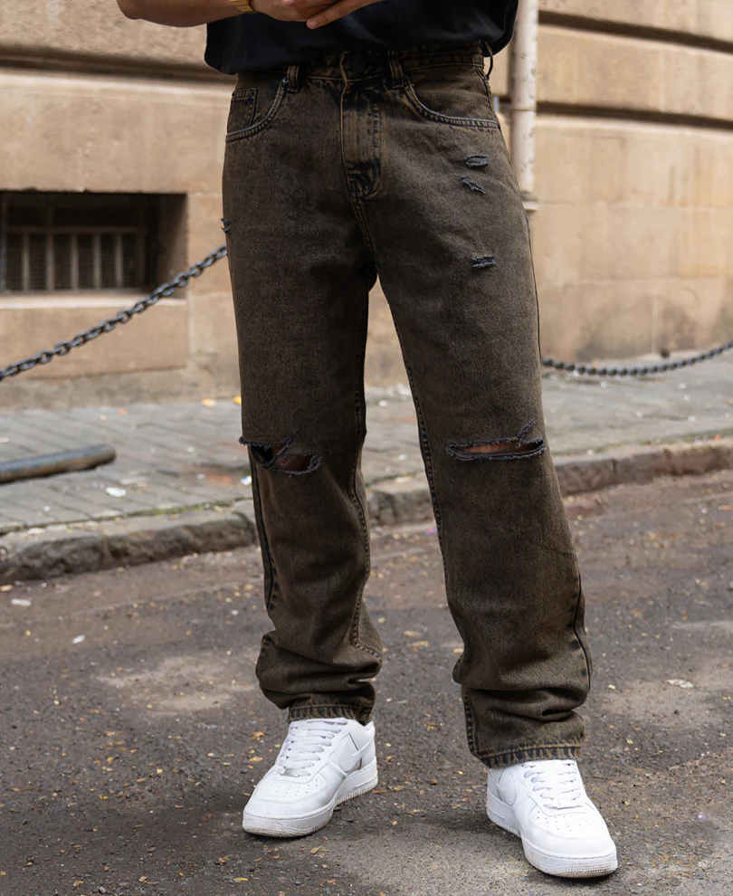 Washed Brown Distress Baggy Jeans - Image 3
