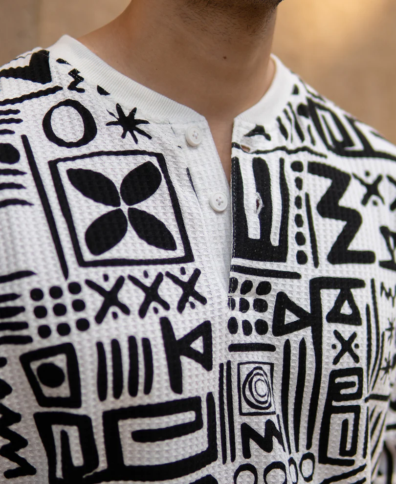 White And Black Printed Henley T-Shirt - Image 3