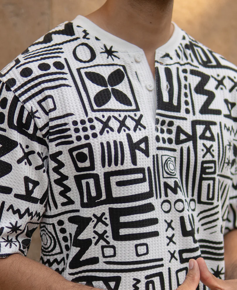 White And Black Printed Henley T-Shirt - Image 4