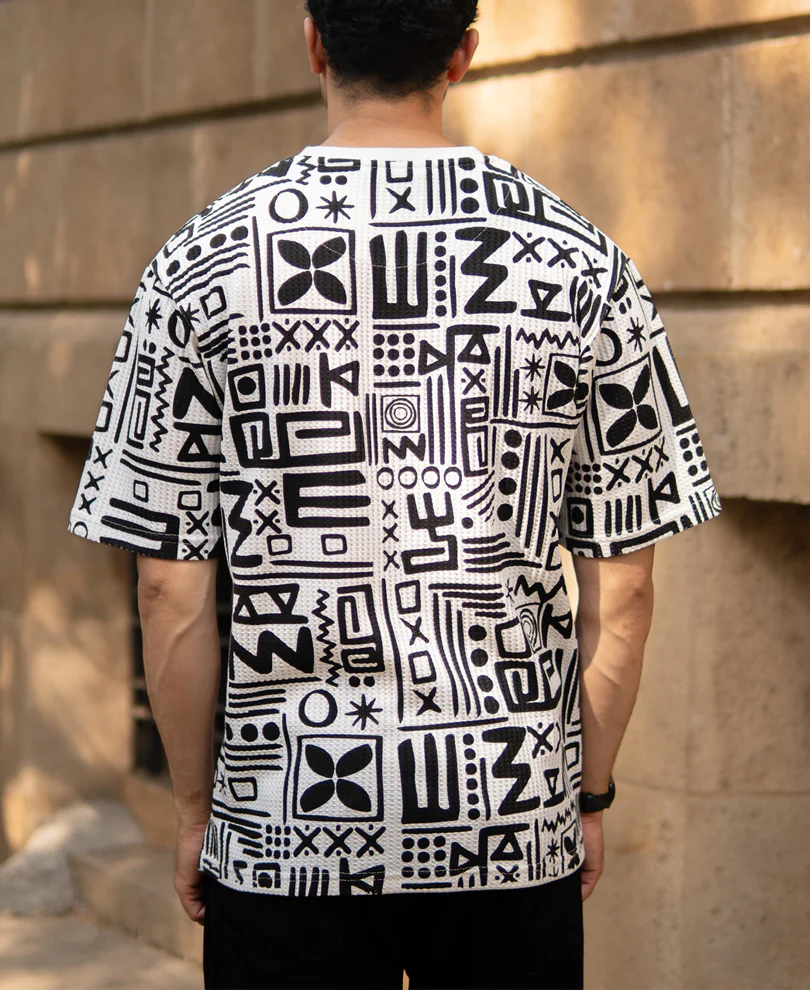 White And Black Printed Henley T-Shirt - Image 5