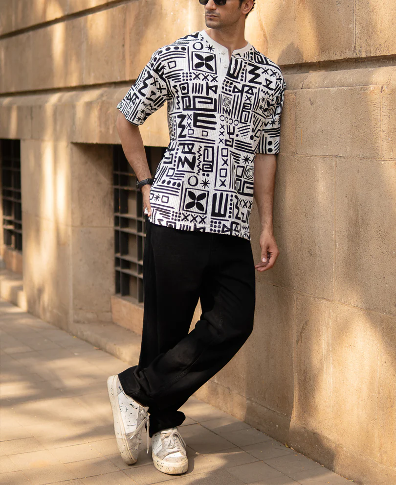 White And Black Printed Henley T-Shirt - Image 6