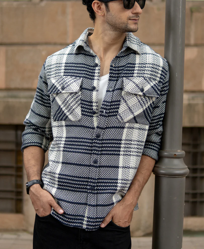 White And Navy Structured Checks Shirt - Image 3