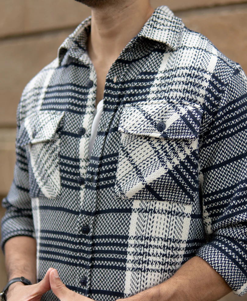 White And Navy Structured Checks Shirt - Image 4