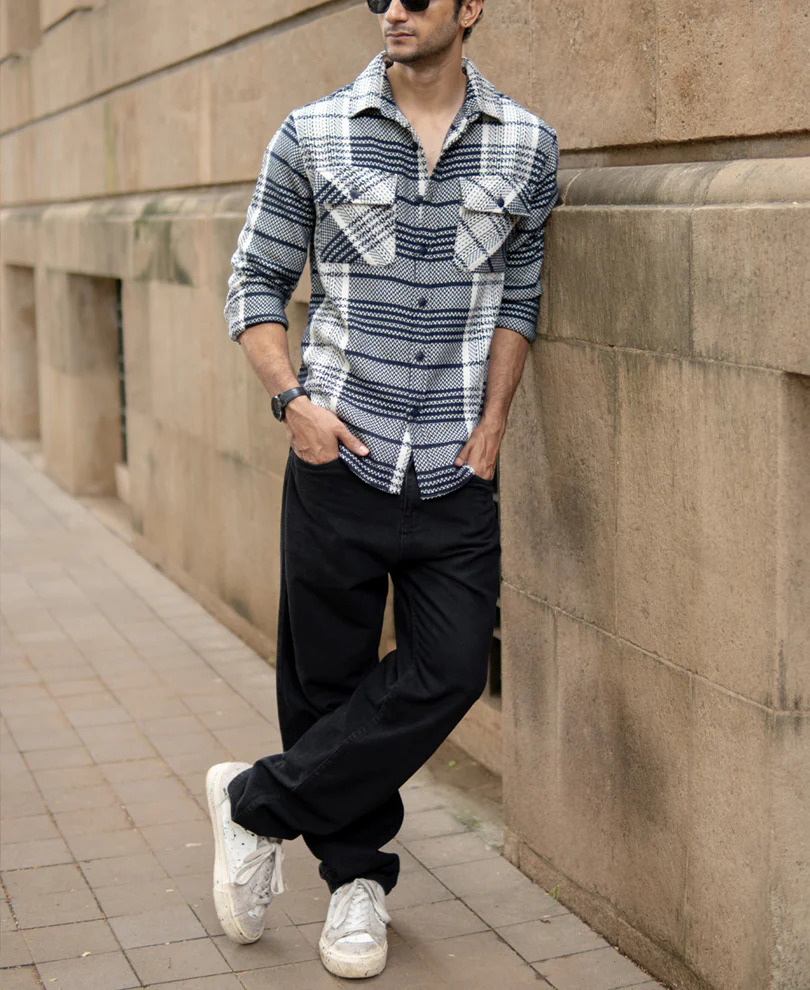 White And Navy Structured Checks Shirt - Image 6