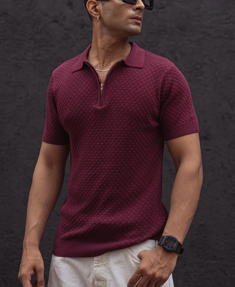 Wine Knitted Regular Fit Half Sleeves T-Shirt - Image 3